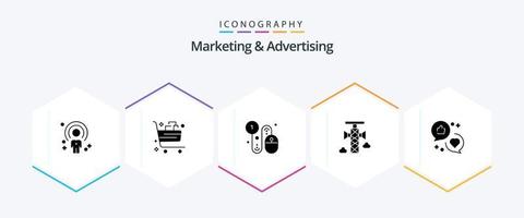 pacote de ícones de 25 glifos de marketing e publicidade, incluindo comunicação. anúncio. comércio. pago por clique. clique vetor