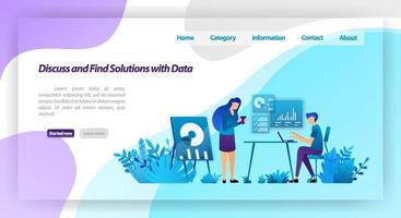 discutir e encontrar soluções para problemas por meio da análise de dados. trabalhadores reunidos para o diálogo comercial. conceito de ilustração vetorial para página de destino, ui ux, web, aplicativo móvel, cartaz, banner, site, folheto vetor