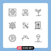 conjunto de 9 sinais de símbolos de ícones de interface do usuário modernos para editar ferramenta de hotel de chave inglesa elementos de design de vetores solares editáveis