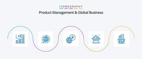 gerenciamento de produtos e pacote de ícones azul 5 de negócios globais, incluindo organização global. de. o negócio. moderno. o negócio vetor