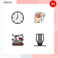 conjunto de cores planas de linha preenchida de interface móvel de 4 pictogramas de macarrão de relógio, cabeça multimídia, amor, elementos de design de vetores editáveis