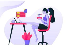 as meninas trabalham com roupas casuais ou sensuais, levantam as pernas na mesa de trabalho e comem usando pauzinhos. mulher descansando para o almoço. conceito de ilustração vetorial plana para página de destino, site, web, aplicativos móveis vetor