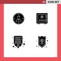 4 sinais de glifos sólidos universais, símbolos de caça ao depósito de destino, retomam elementos de design de vetores editáveis seguros