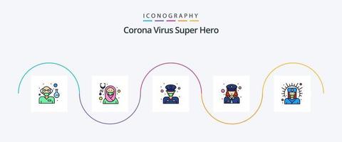 linha de super-heróis do vírus corona preenchida com 5 ícones planos, incluindo médico. Policial. enfermeira. polícia. macho vetor