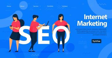 SEO para design de modelo de página de destino de marketing de internet. otimize o site para obter melhor tráfego e encontrar a melhor palavra-chave para seu conteúdo. ilustração vetorial para web, página de destino, banner, aplicativos móveis vetor