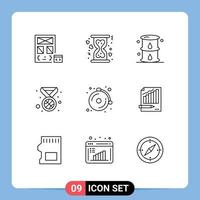 conjunto de pictogramas de 9 contornos simples de elementos de design de vetores editáveis de prêmio de ampulheta de medalha de alarme