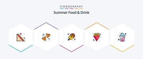 comida de verão e bebida 25 pacote de ícones de linha preenchida, incluindo suco. copo. verão. fritas. salgadinhos vetor