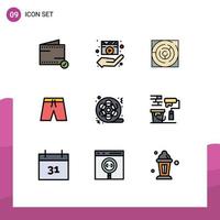 9 símbolos de sinais de cores planas de linhas preenchidas universais de shorts, roupas, filme, estratégia de praia, elementos de design de vetores editáveis