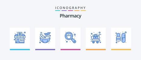 pacote de ícones de farmácia azul 5, incluindo . Ciência. médico. farmacia. carrinho médico. design de ícones criativos vetor