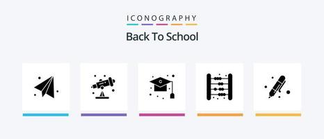 de volta ao pacote de ícones do glifo 5 da escola, incluindo desenho. matemática. graduação. crianças. saco. design de ícones criativos vetor