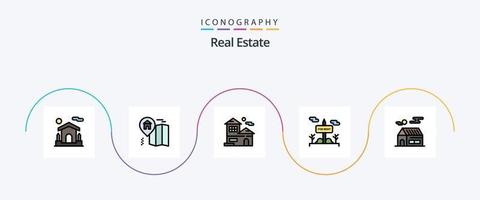 linha imobiliária cheia de pacote de ícones plana 5 incluindo sol. casa. lar. para alugar. o sinal vetor