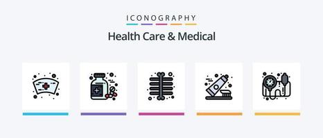 cuidados de saúde e linha médica preencheram o pacote de 5 ícones, incluindo odontológico. teste. ligar. órgão. checar. design de ícones criativos vetor