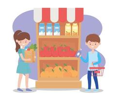 menina com sacola de supermercado e menino com garrafa de sabão na compra de excesso de supermercado vetor