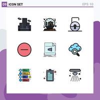 9 interface do usuário pacote de cores planas de linha cheia de sinais e símbolos modernos do reprodutor de mídia de chave multimídia de arquivo remover elementos de design de vetores editáveis