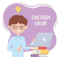 educação online, professor com lápis e laptop em livros vetor