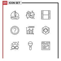 conjunto de pictogramas de 9 contornos simples de gráficos de crescimento, informações de análise de vídeo, elementos de design de vetores editáveis