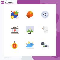 conjunto de cores planas de interface móvel de 9 pictogramas de edição de fotos, compartilhamento de edição de imagem, alteração de elementos de design de vetores editáveis de segurança de imagem