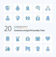 20 traços de vida e personalidade conscientes pacote de ícones de cor azul como amigos, cultura, mente, sentimentos de amor vetor