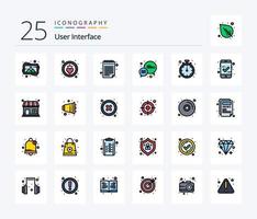 pacote de ícones preenchidos com 25 linhas de interface do usuário, incluindo verificado. fixar. ícone da almofada. cronômetro. Pare vetor