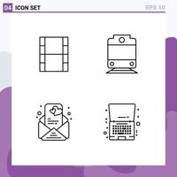 conjunto de pictogramas de 4 cores planas de linhas preenchidas simples de elementos de design de vetores editáveis de notebook de mensagem ferroviária de desconto de vídeo