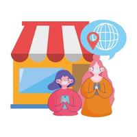 cartoon feminino com smartphone mercado global e-commerce compras on-line covid 19 coronavirus vetor