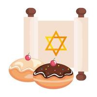 estrela dourada judaica hanukkah em remendo e rosquinhas doces vetor