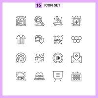 conjunto moderno de pictograma de 16 contornos de cápsula de presente de camisa, saco de natal, medicina, elementos de design de vetores editáveis