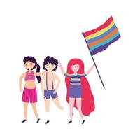 parada do orgulho comunidade LGBT, homens e mulheres com bandeira do arco-íris vetor