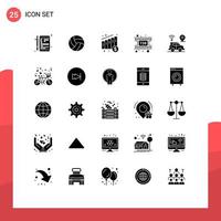 pacote de interface do usuário de 25 glifos sólidos básicos de vídeo de localização, carretel de vôlei, dinheiro, elementos de design de vetores editáveis