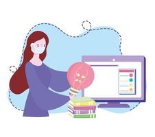 treinamento online, mulher com lâmpada de máscara computador e livros, cursos de desenvolvimento de conhecimento usando internet vetor