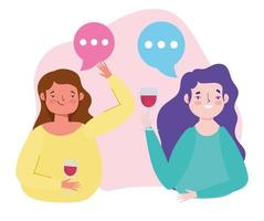 aniversário ou reunião de amigos, mulheres jovens com taças de vinho, celebração vetor