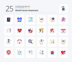 pacote de ícones de 25 cores planas de conscientização mundial sobre o câncer, incluindo cuidados. pílulas. camisa. medicina. laboratório vetor