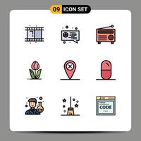 9 ícones criativos sinais modernos e símbolos de mapa de localização áudio flor rosa elementos de design vetoriais editáveis vetor