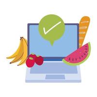 mercado on-line, frutas em laptop pedindo comida em mercearia, entrega em domicílio vetor