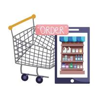 mercado online, botão de pedido de carrinho de compras de smartphone, entrega de comida em supermercado vetor
