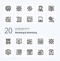 20 pacotes de ícones de linha de marketing e publicidade, como campanha de marketing, marketing on-line na web atm vetor