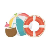 verão viagens e férias bóia salva-vidas bola de praia coquetel de coco vetor