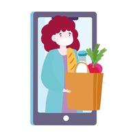 entrega segura em casa durante coronavírus covid 19, cliente solicitando sacola de supermercado para smartphone com comida vetor