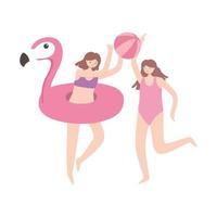 verão, férias, turismo, meninas, com, bola de, praia e, flamingo, float vetor