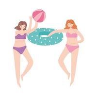verão férias turismo meninas brincando com bola de praia e flutuação vetor
