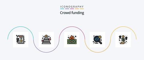 linha de crowdfunding cheia de pacote de 5 ícones planos, incluindo dinheiro. mundo. arriscado. ampla. procurar vetor