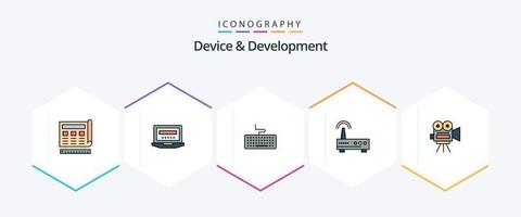 dispositivo e desenvolvimento 25 pacote de ícones de linha preenchida, incluindo câmera. sinal. Educação. Wi-fi. Educação vetor