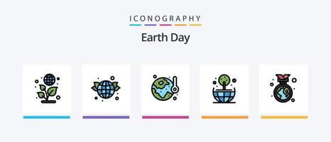 a linha do dia da terra preencheu o pacote de 5 ícones, incluindo a terra. energia. lâmpada. ecologia. posto de gasolina. design de ícones criativos vetor