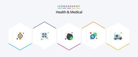 saúde e pacote médico de 25 ícones planos, incluindo carro. rx. cirúrgico. mensagem. bolha vetor