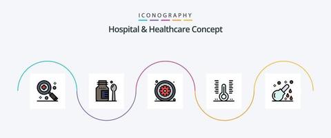 linha de conceito de hospital e saúde preenchida com 5 ícones planos, incluindo médico. cuidados de saúde. saúde. saúde. termômetro vetor