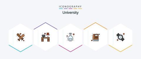 universidade 25 pacote de ícones de linha preenchida, incluindo tempo. frasco. estudar. livro vetor
