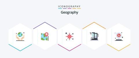 Geografia 25 pacote de ícones planos, incluindo cidade. hotel. o Google. período de férias. mar vetor