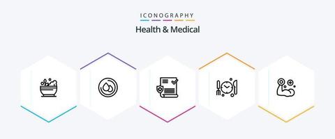 saúde e pacote de ícones médicos de 25 linhas, incluindo músculo. mão. teste. ginástica. jantar vetor