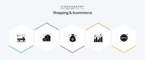 pacote de ícones de 25 glifos para compras e comércio eletrônico, incluindo novo. distintivo. dólar. Estatisticas. relatório vetor