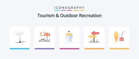 Turismo e recreação ao ar livre Flat 5 Icon Pack, incluindo o verão. beber. barco. sala. hotel. design de ícones criativos vetor